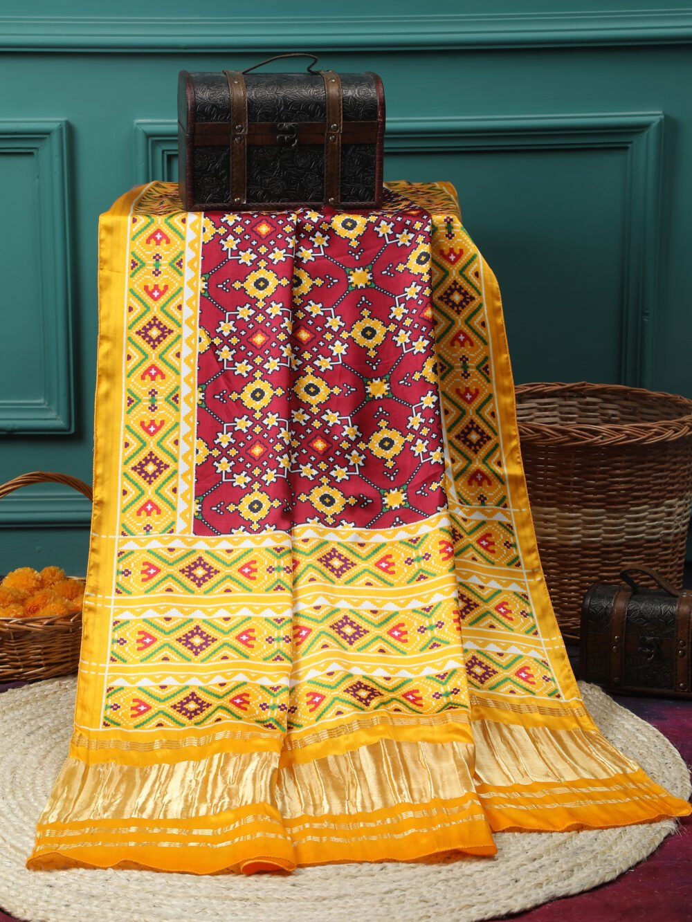 YELLOW & MAROON IKKAT PATOLA PRINT DUPATTA