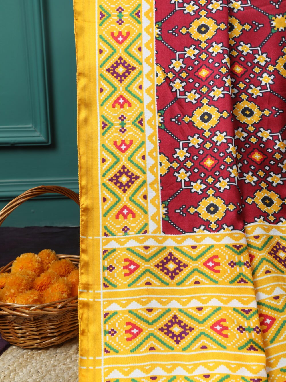 YELLOW & MAROON IKKAT PATOLA PRINT DUPATTA - Image 6