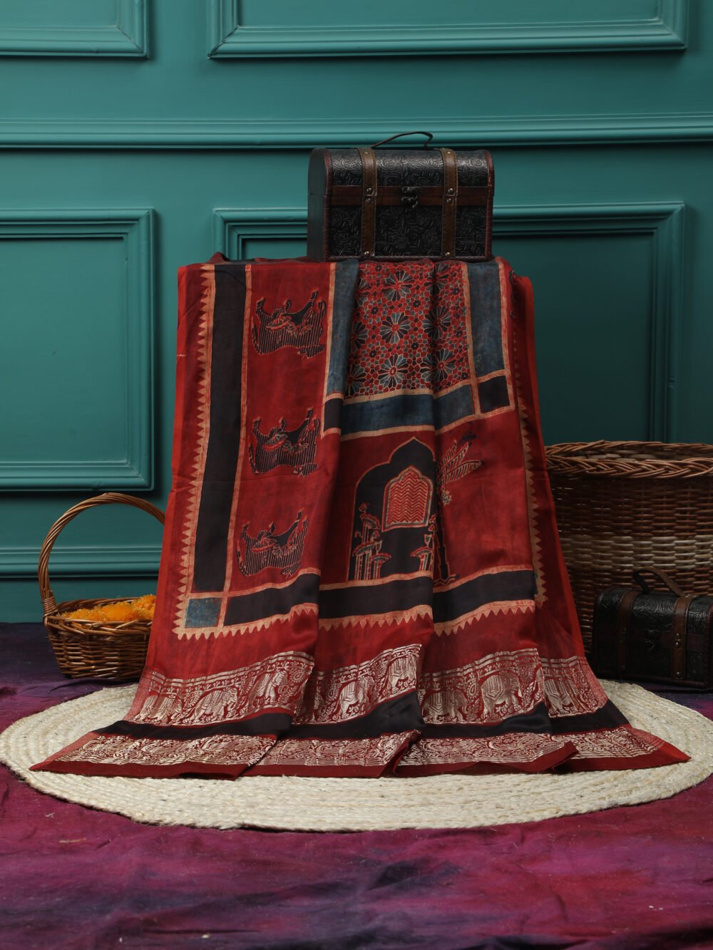 RUST RED COLOUR AJRAKH HAND BLOCK COW PRINT DUPATTA