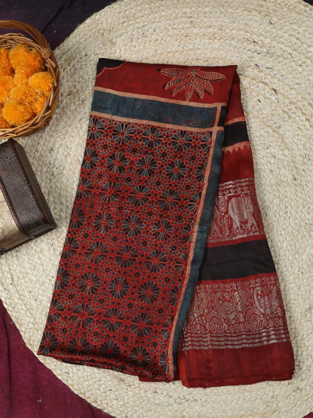 RUST RED COLOUR AJRAKH HAND BLOCK COW PRINT DUPATTA - Image 2