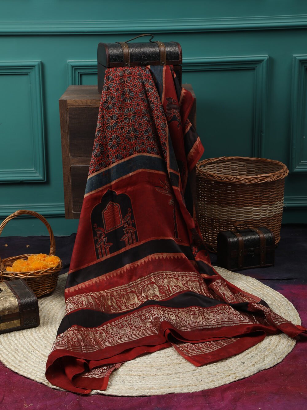 RUST RED COLOUR AJRAKH HAND BLOCK COW PRINT DUPATTA - Image 3