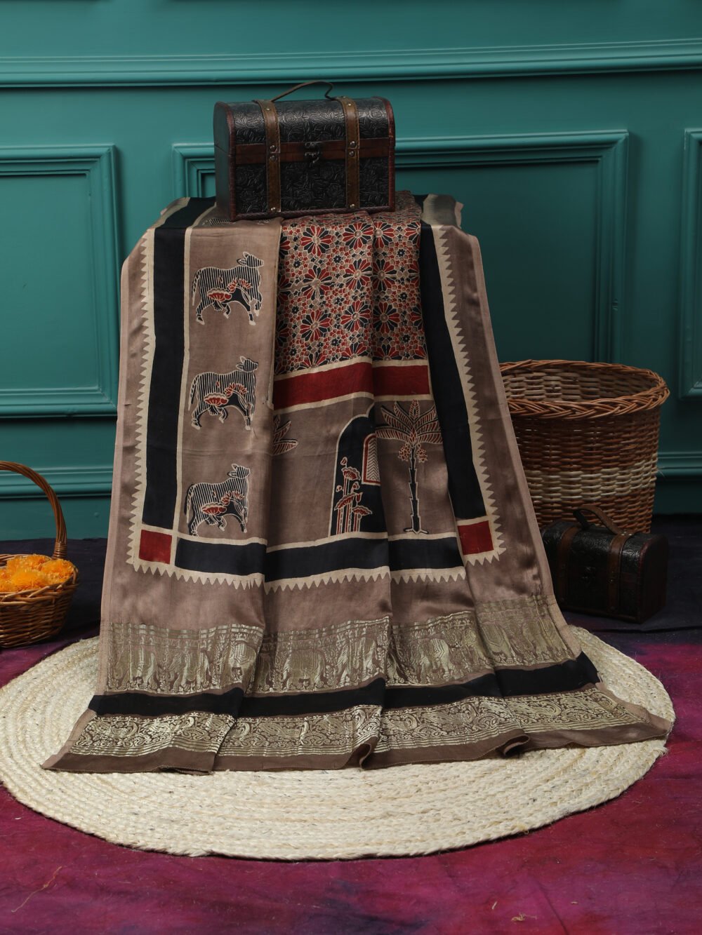 EARTHY BROWN COLOUR AJRAKH HAND BLOCK COW PRINT DUPATTA