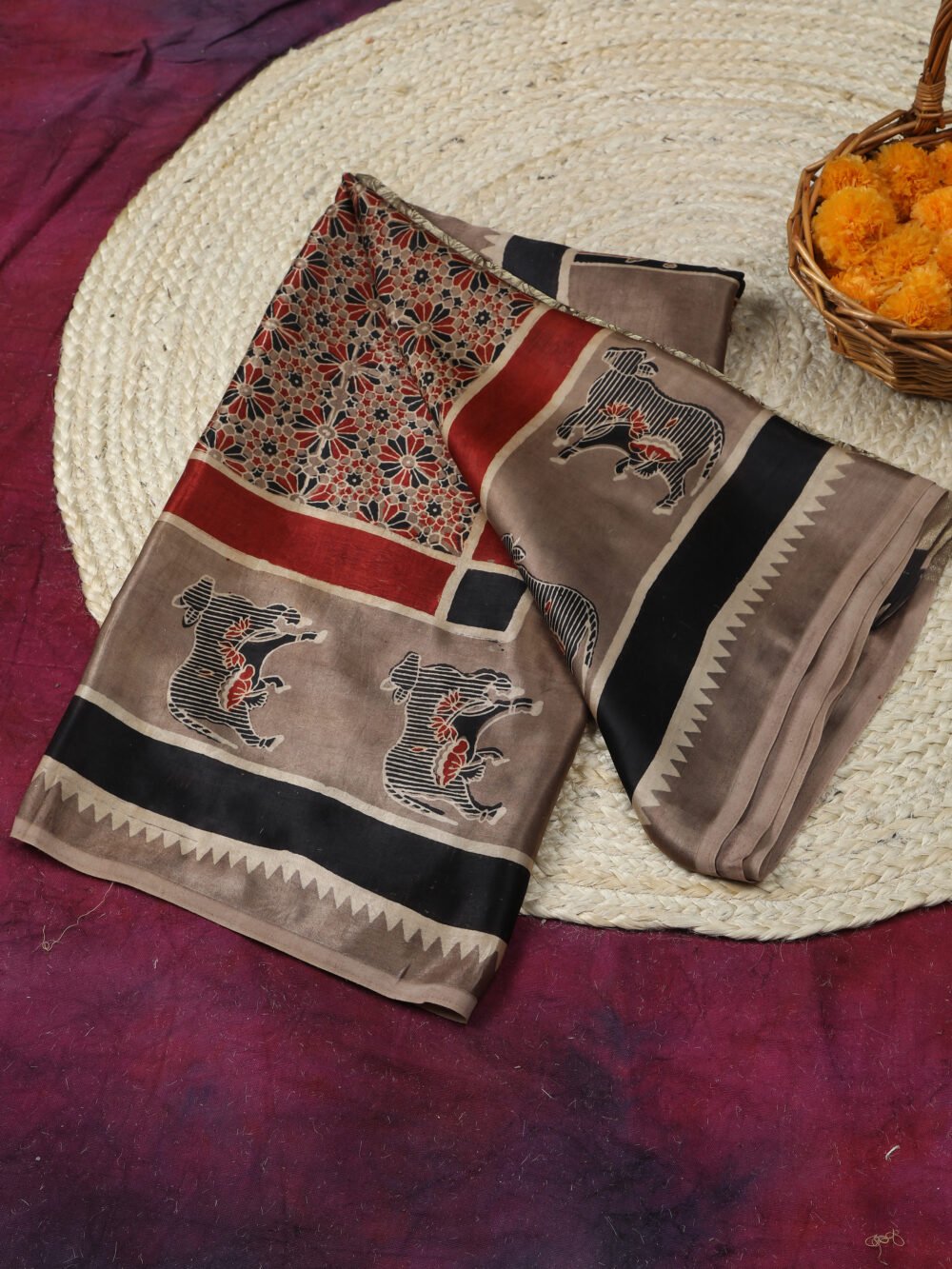 EARTHY BROWN COLOUR AJRAKH HAND BLOCK COW PRINT DUPATTA - Image 5