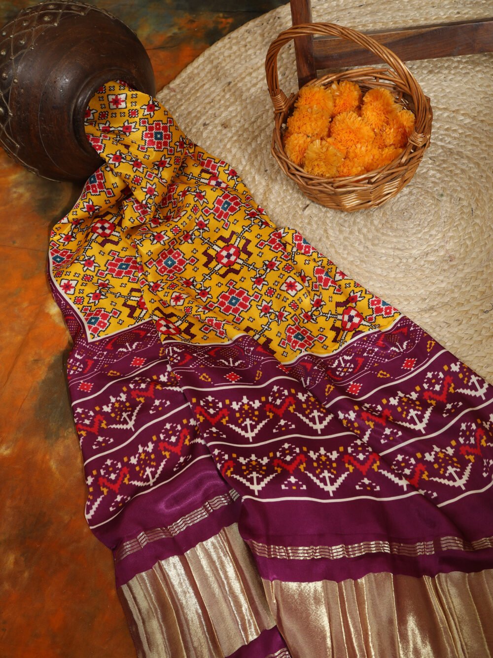 PURPLE & YELLOW IKKAT PATOLA PRINT DUPATTA - Image 2
