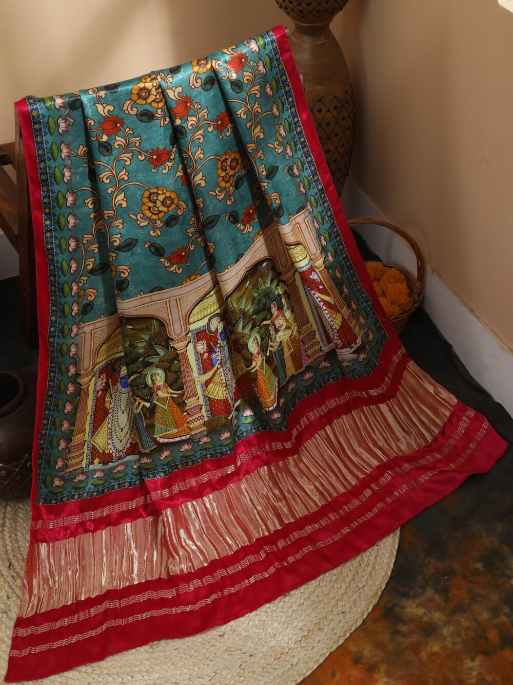 Rani & light blue  Pichwai With Kalamkari Dupatta - Image 2