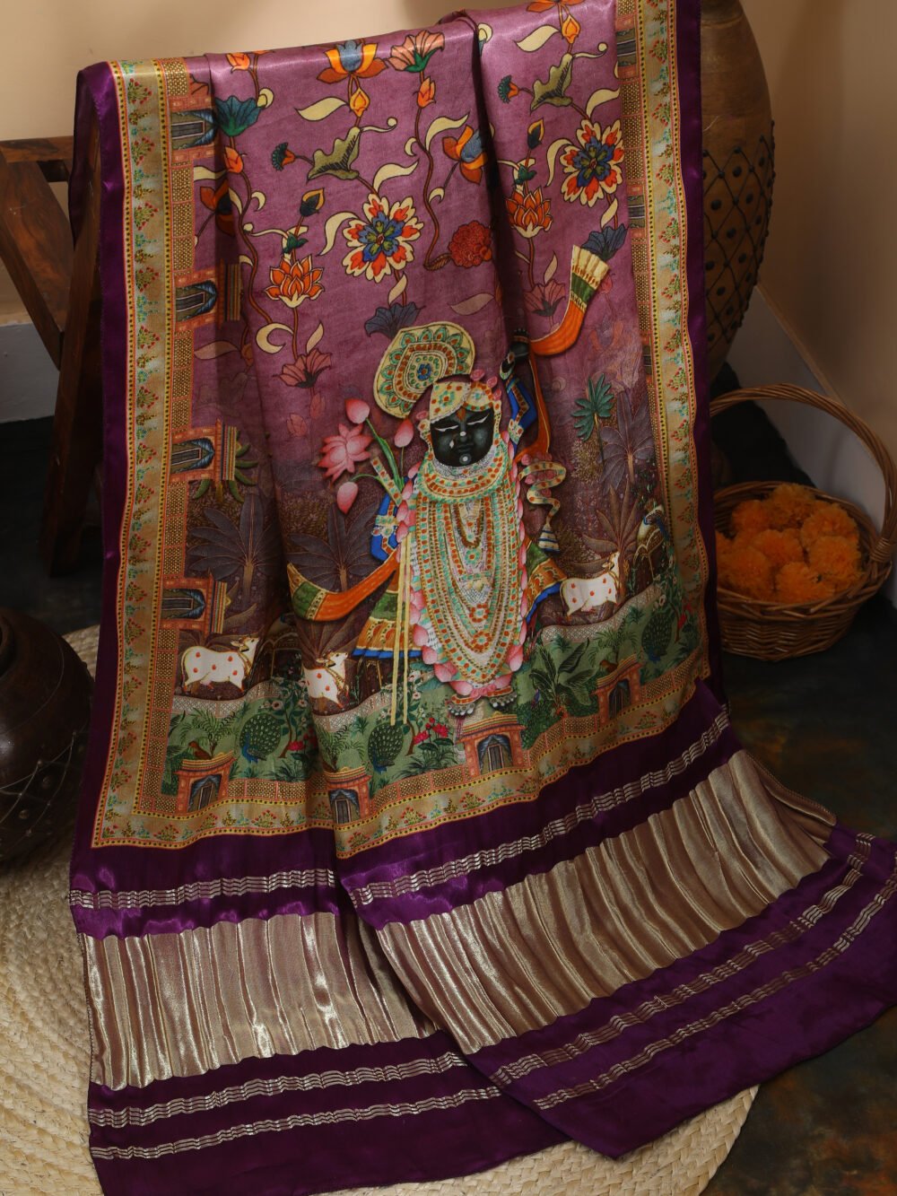 Purple  Pichwai With Kalamkari Dupatta - Image 2