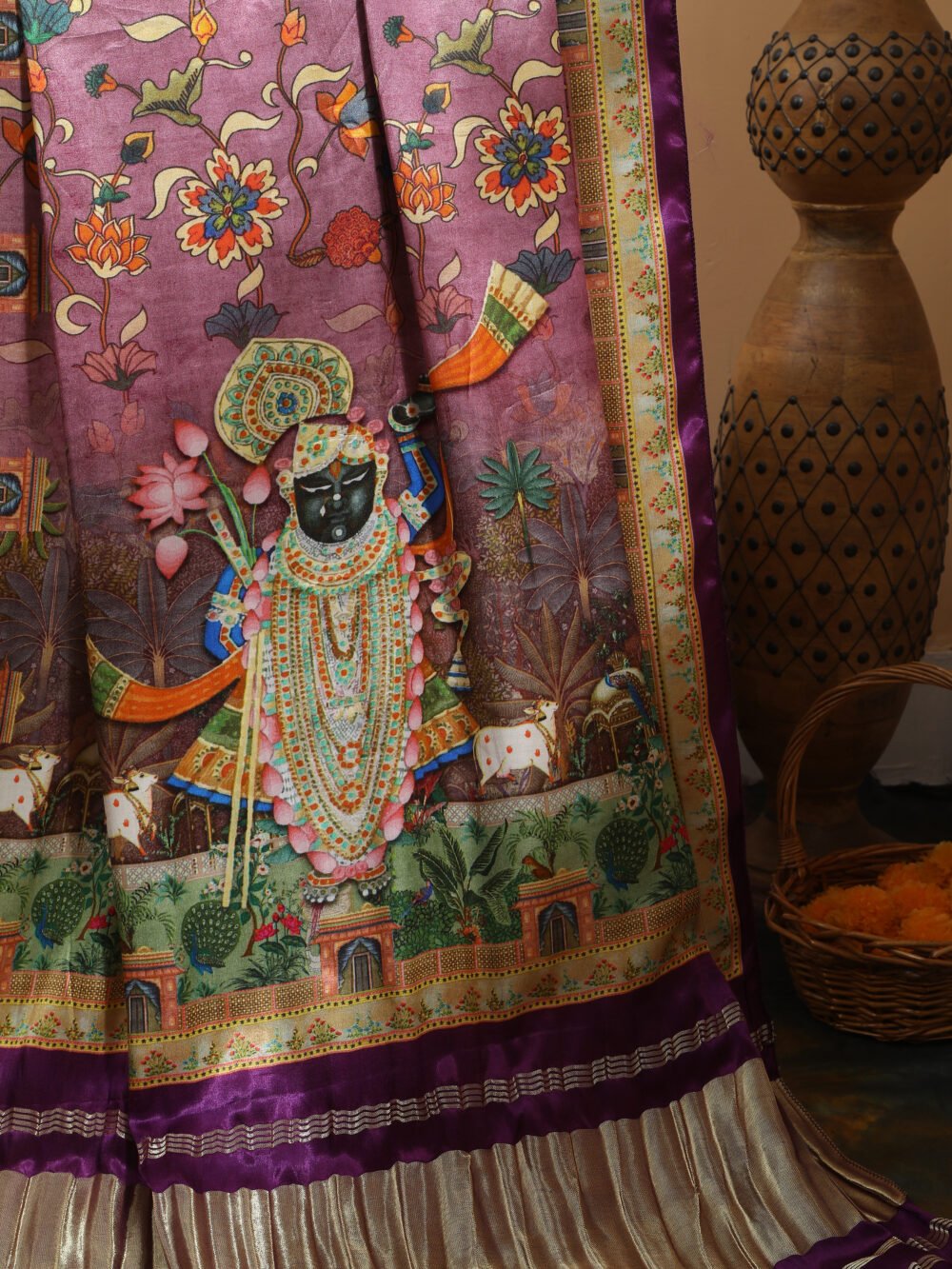 Purple  Pichwai With Kalamkari Dupatta - Image 3