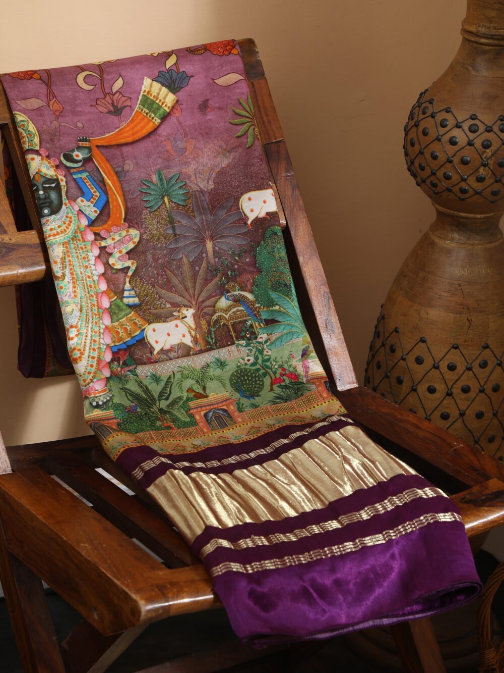 Purple  Pichwai With Kalamkari Dupatta - Image 6