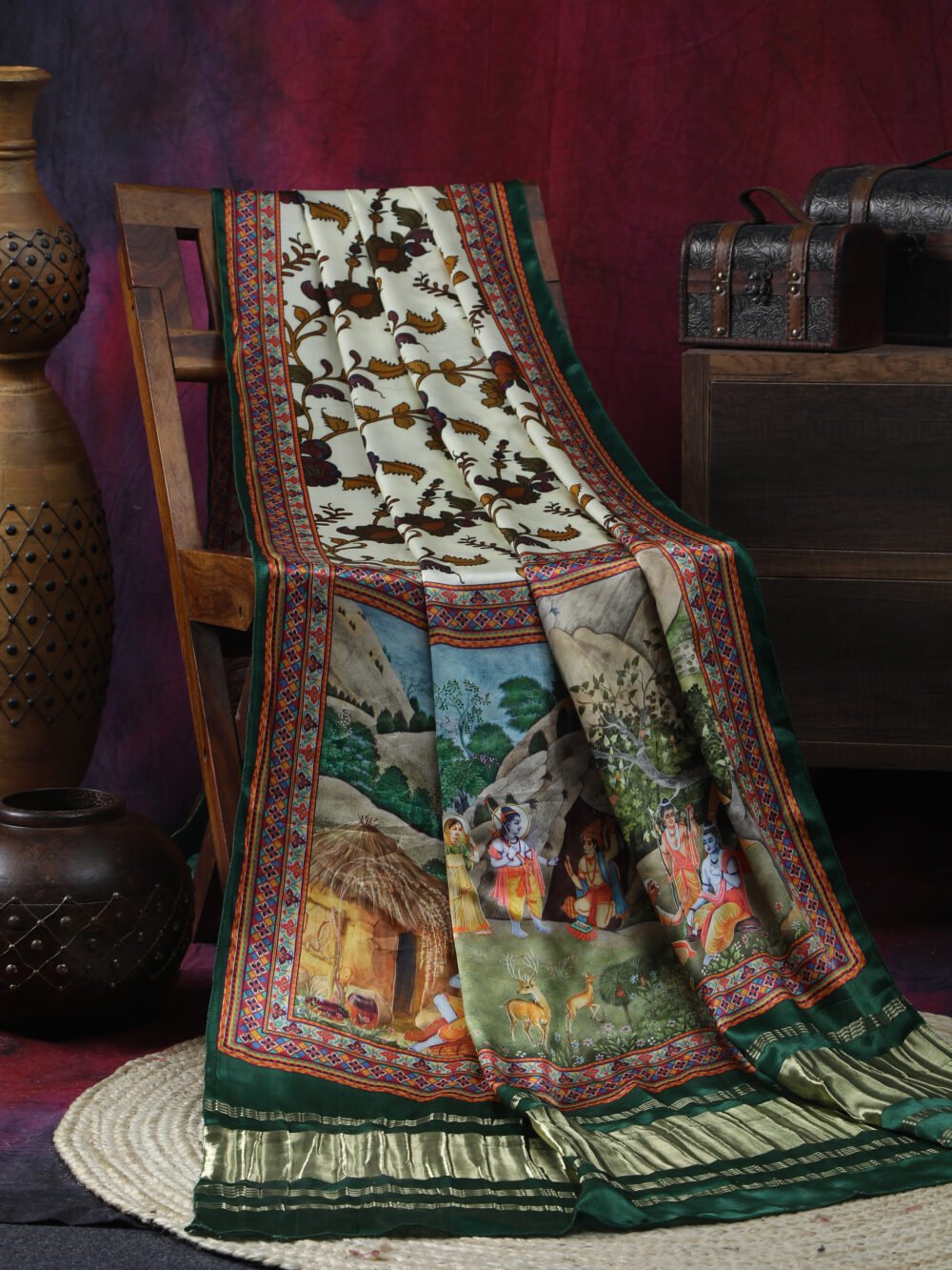Pichwai With Kalamkari Ramayan theme Dupatta