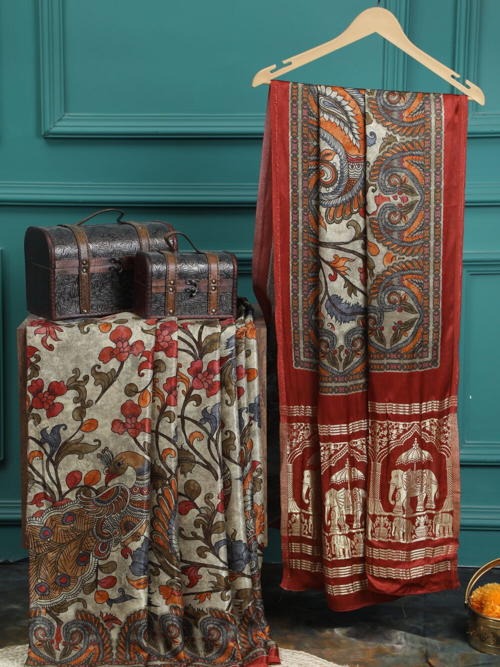 RUST&GREY KALAMKARI PRINT SAREE WITH HATHI BANARASI PALLU SAREE