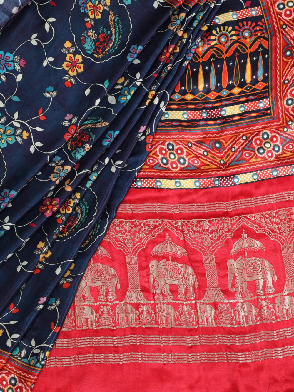 RUST&GREY  KALAMKARI PRINT SAREE WITH HATHI BANARASI PALLU SAREE - Image 3