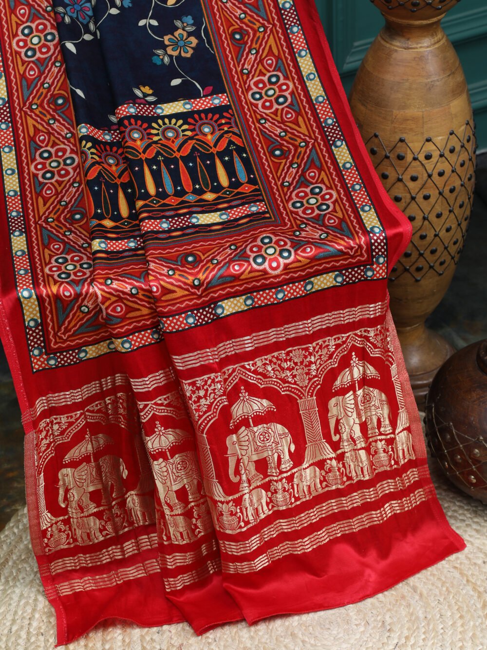 RUST&GREY  KALAMKARI PRINT SAREE WITH HATHI BANARASI PALLU SAREE - Image 2