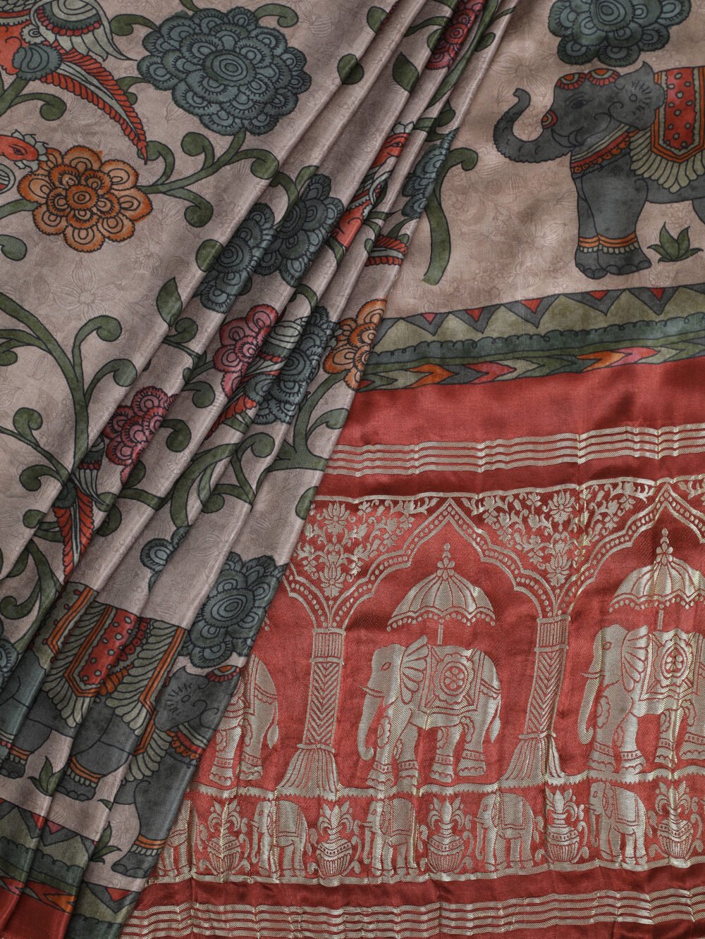 RUST KALAMKARI PRINT SAREE WITH HATHI BANARASI PALLU SAREE - Image 2