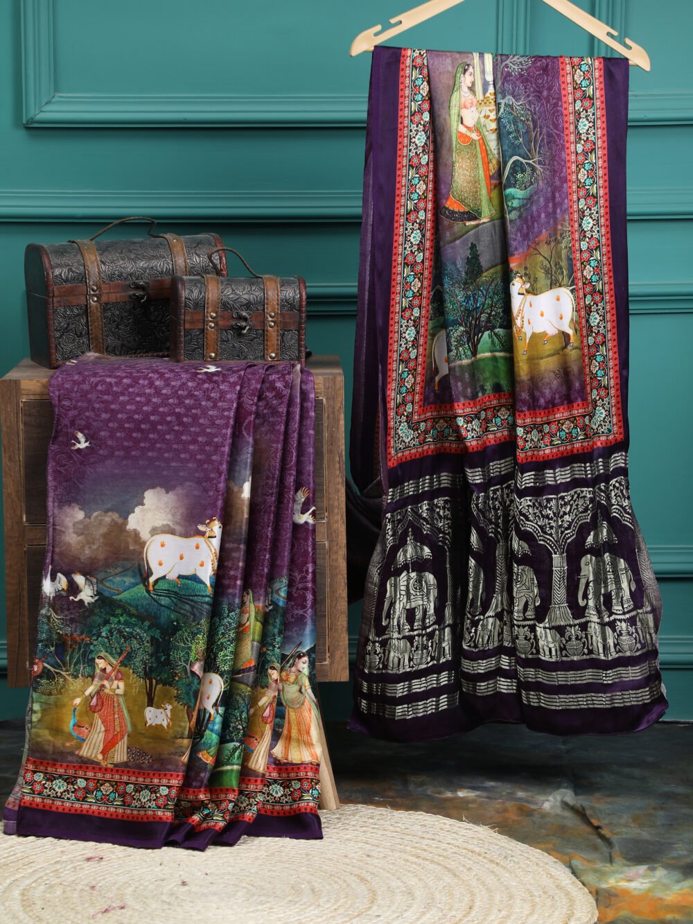 PURPLE PICHWAI RADHA KRISHNA PRINT SAREE WITH HATHI BANARASI PALLU SAREE