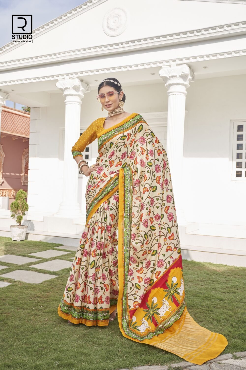 MUSTURD YELLOW KALAMKARI LOTUS PRINT SAREE WITH TISSUE PALLU SAREE