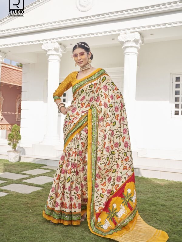 MUSTURD YELLOW KALAMKARI LOTUS PRINT SAREE WITH TISSUE PALLU SAREE