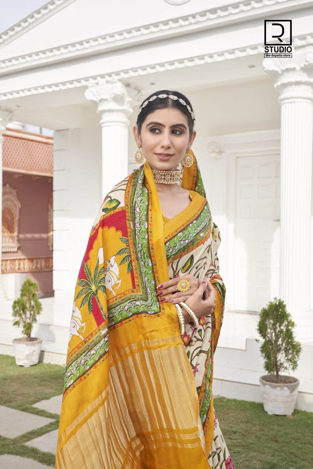 MUSTURD YELLOW KALAMKARI LOTUS PRINT SAREE WITH TISSUE PALLU SAREE - Image 5