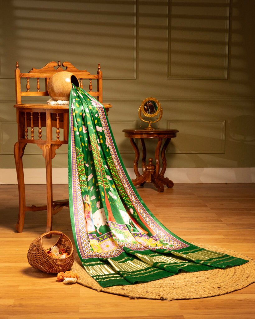 Green Pichwai With Lotus Print Dupatta