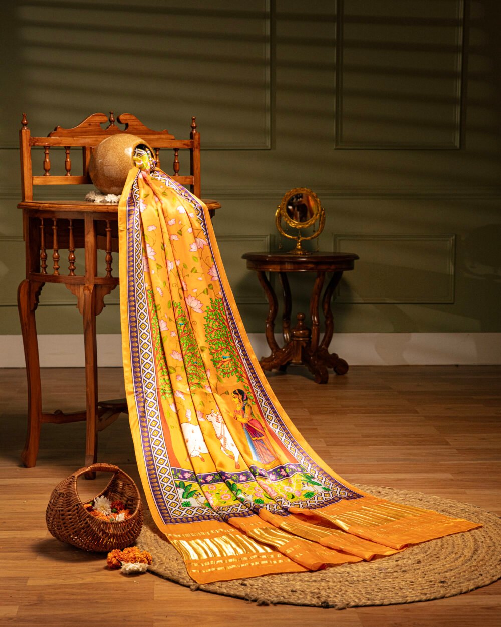 Mustard Yellow Pichwai With Lotus Print Dupatta
