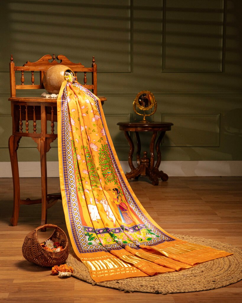 Mustard Yellow Pichwai With Lotus Print Dupatta