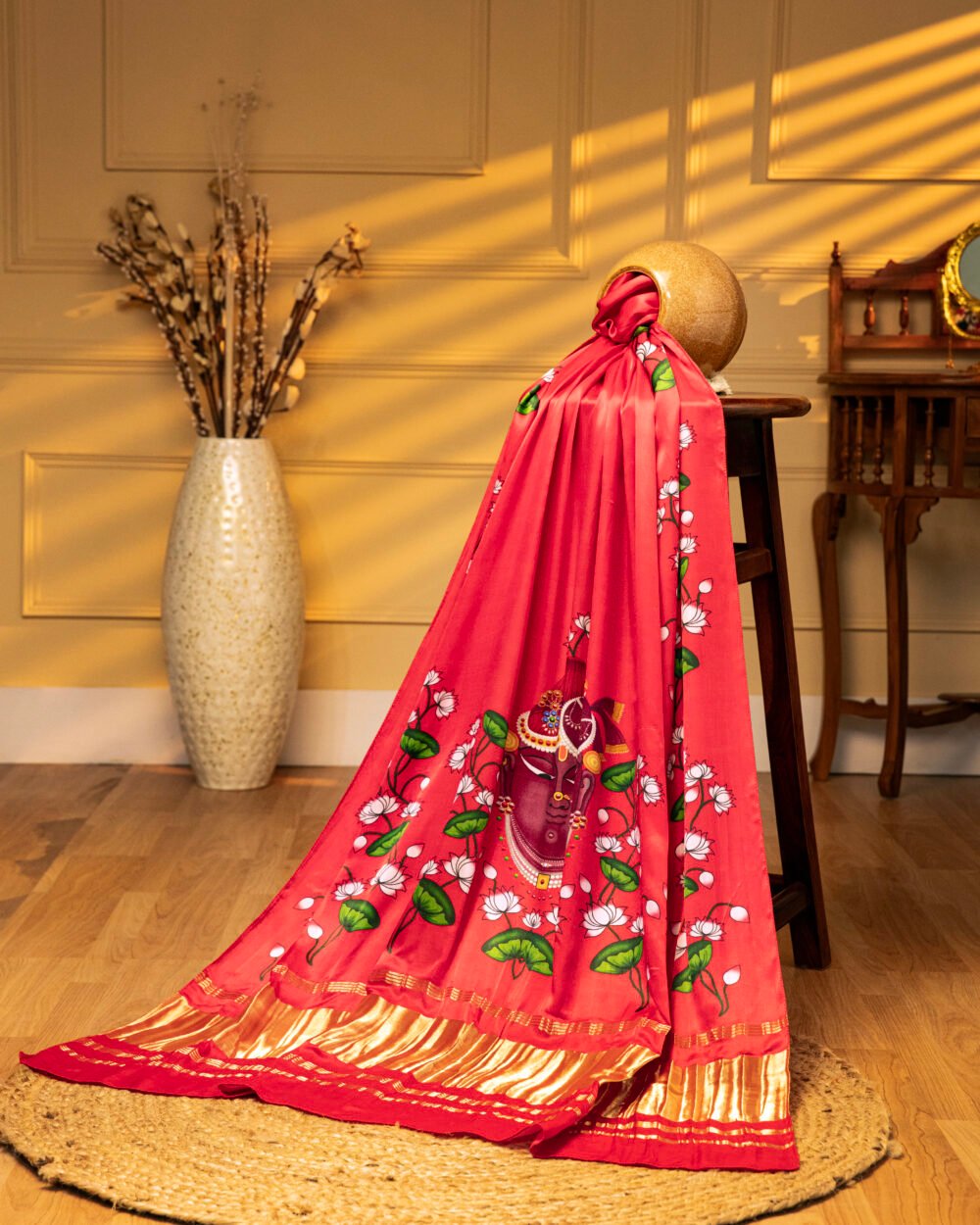 Red Shrinathji Pichwai With Lotus Print Dupatta