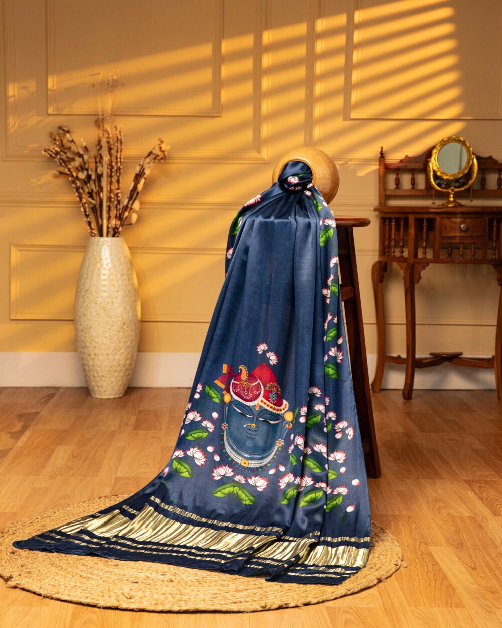 Blue Shrinathji Pichwai With Lotus Print Dupatta