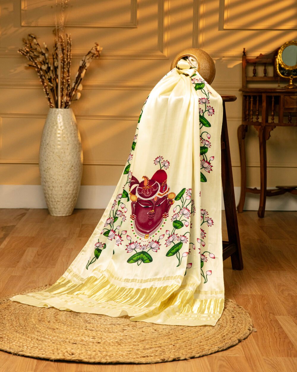 Beige Shrinathji Pichwai With Lotus Print Dupatta