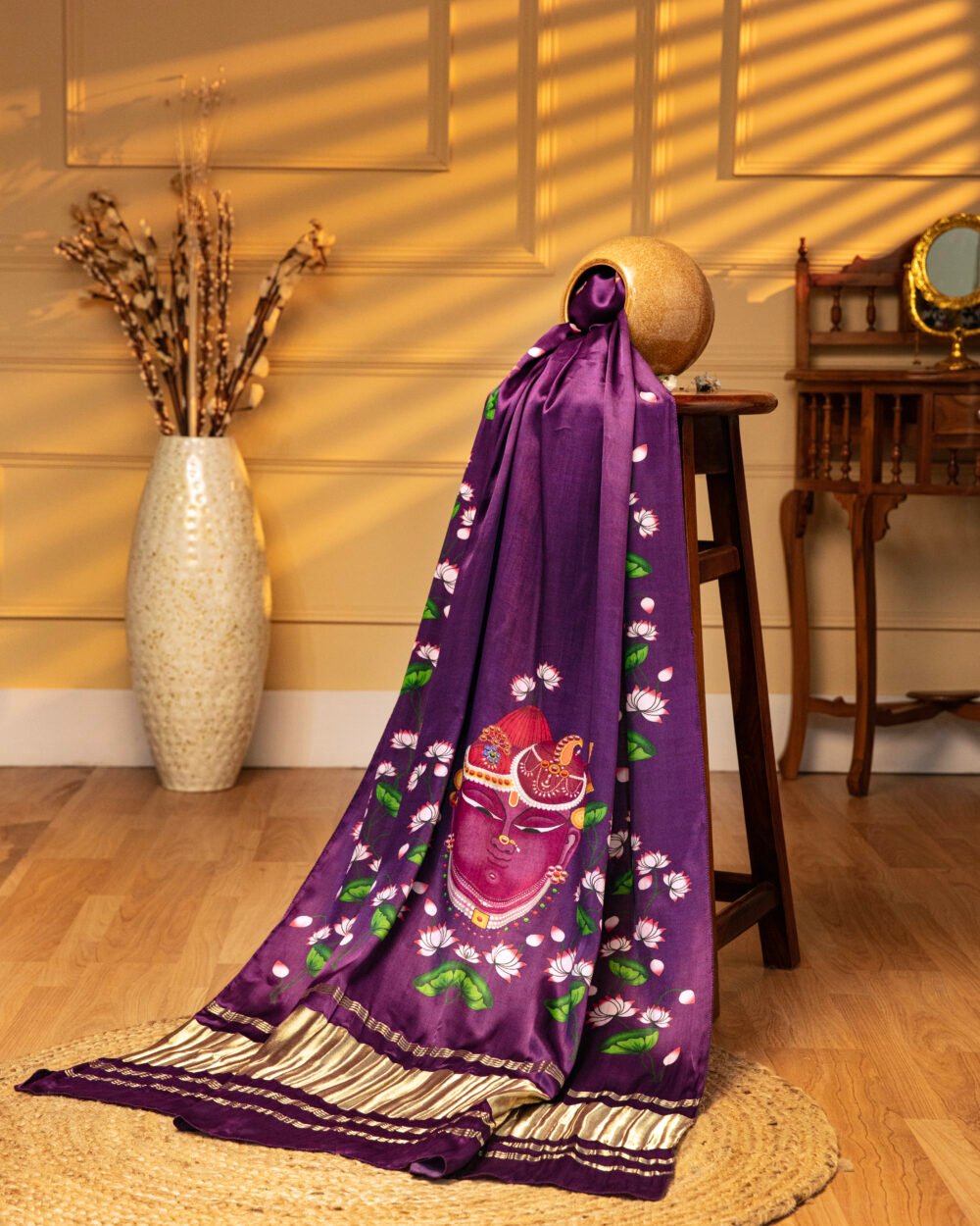 Purple Shrinathji Pichwai With Lotus Print Dupatta