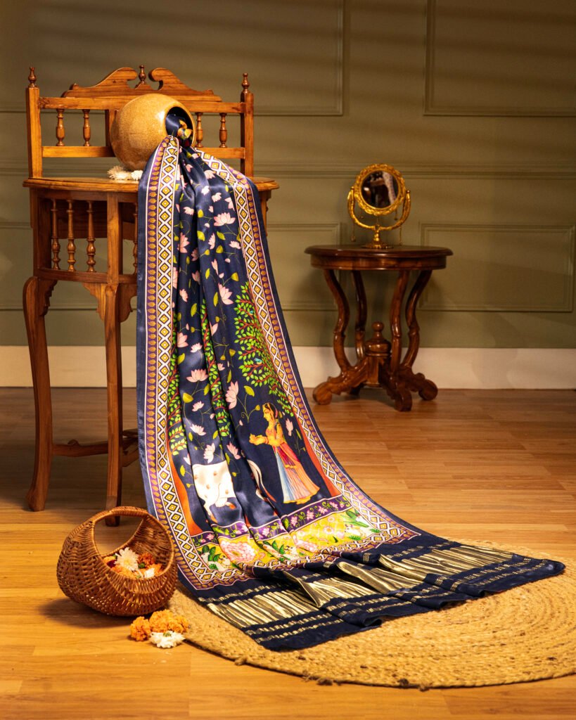 Blue Pichwai With Lotus Print Dupatta