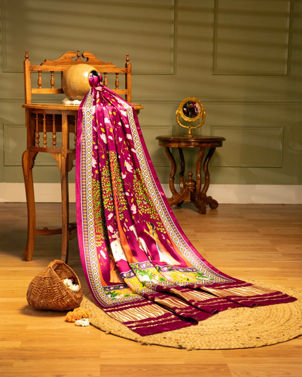 Magenta Pink Pichwai With Lotus Print Dupatta